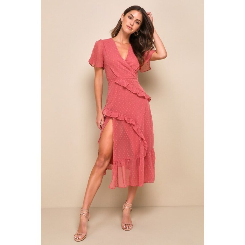 Lulus Next To You Rusty Rose Swiss Dot Ruffled Midi Dress Pink - Size L